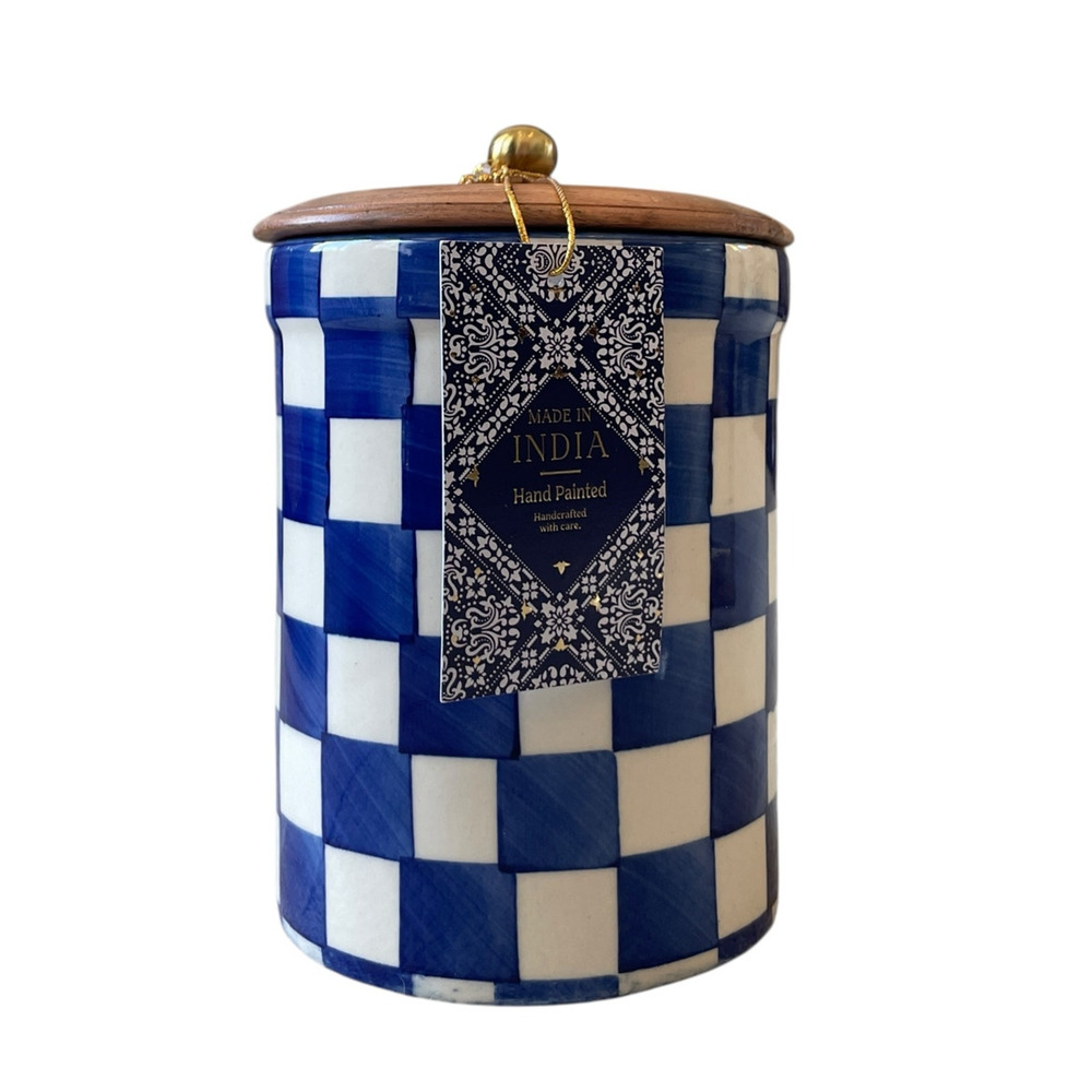 Hand Painted Checkered Ceramic Canister w/ Wood Lid Made in India Blue White NEW